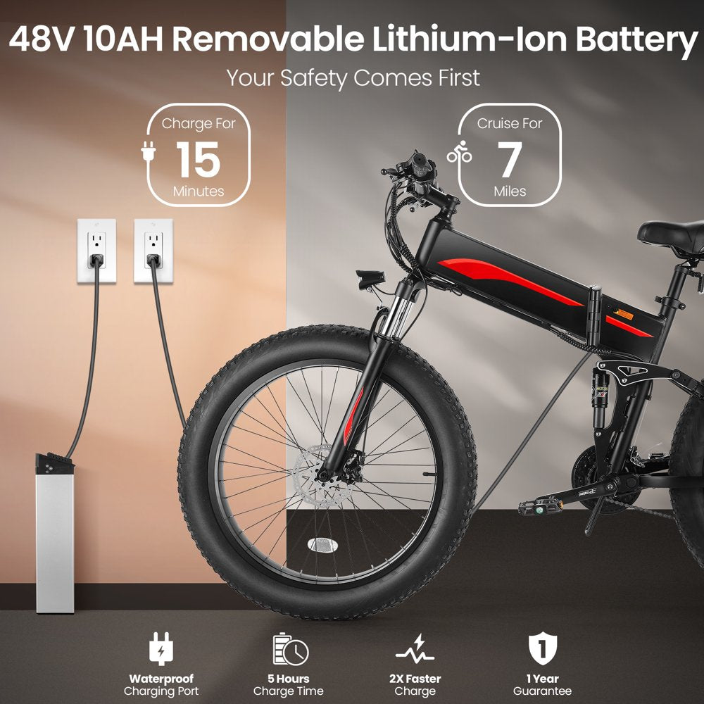 Electric Bike, 26"X4" Fat Tire Electric Bike for Adults 500W Ebike Foldable Adult Electric Mountain Bicycles with 48V 10Ah Battery, Lockable Suspension Fork, Shimano 21 Speed Gears